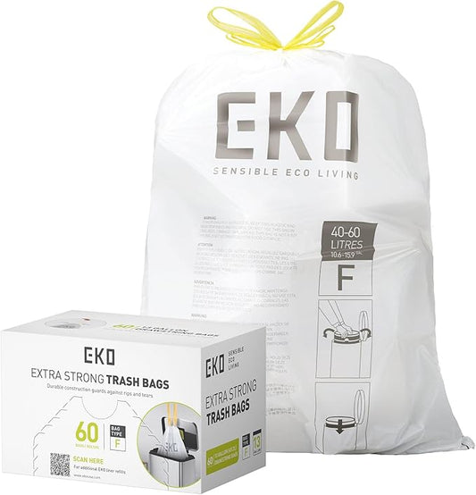 EKO 13 Gallon / 40-60 Liter, 60 Count Drawstring Trash Bags, Extra-Strong Unscented Garbage Bags, Easy-Dispense Roll for Kitchen & Household Use, Leak-Resistant, Code F, White