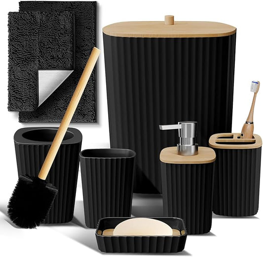 Clara Clark Bathroom Set - Black Bathroom Accessories Set, 6PC Bathroom Accessory Set, Bathroom Sets with Bathroom Rugs, Toilet Brush, Trash Can & Soap Dispenser