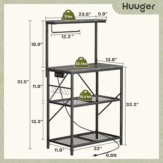Huuger 4-Tier Bakers Rack with Reversible Power Outlet, 23.6 Inch Microwave Stand with Paper Towel Holder, Kitchen Bar, Larger Storage with Top Shelf, 6 S Hooks, Grey