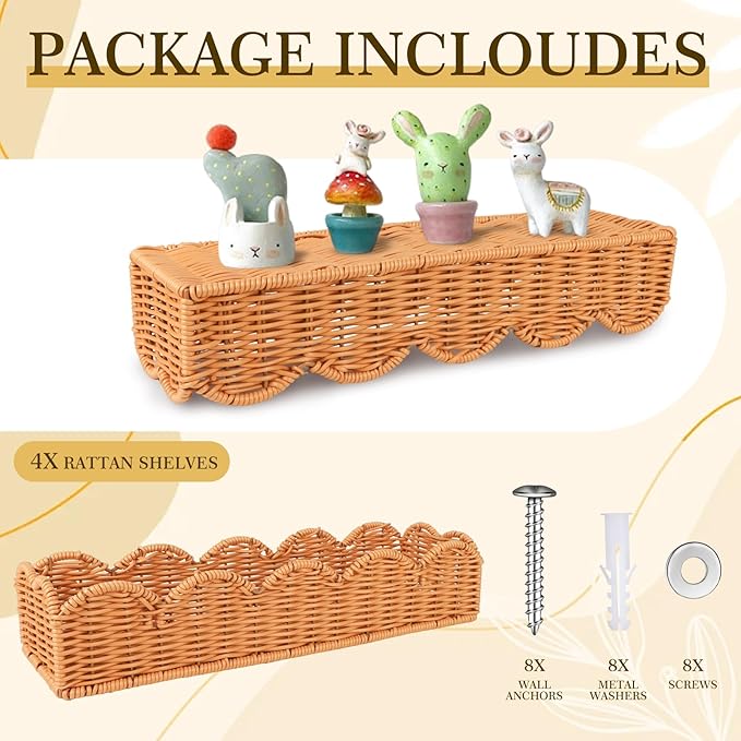 4 Set Nursery Book Shelves Scalloped Plastic Artificial Rattan Classroom Wall Shelf 15.8 Inch Wall Mounted Floating Bookshelve, Hanging Boho Wicker Woven Shelf for Bedroom Farmhouse Decor (4, Brown)