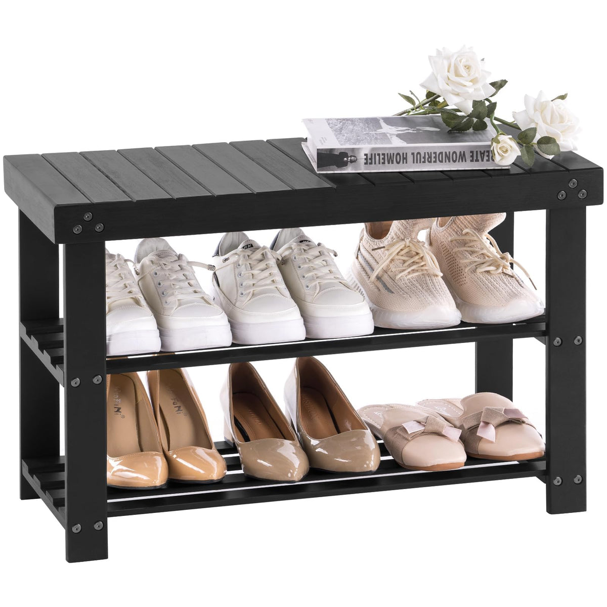 Apicizon Bamboo Shoe Rack Bench, 3-Tier Entryway Organizer, Black - Image 1
