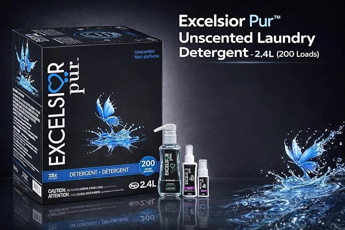Excelsior Pür 7.5x Concentrated Laundry Detergent, 2.4 L (200 Loads), Fragrance Free/Unscented, Odor Control, Eco-Dispenser + Stain Remover, HE Compatible