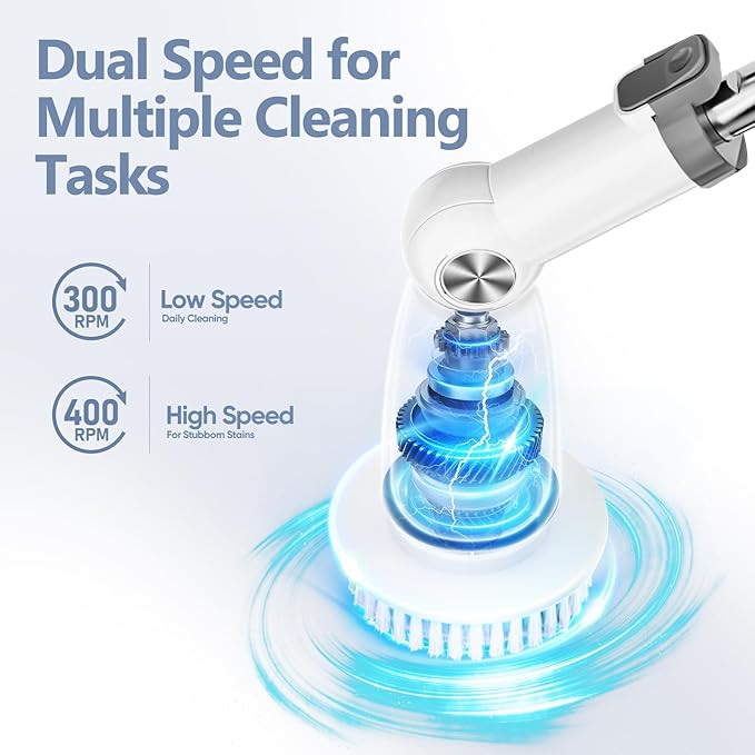 Electric Spin Scrubber Brush Cordless Shower Scrubber with Long Handle, 8 Brush Heads & 3 Adjustable Angles, Dual Speed Electric Scrubber for Cleaning, Automatic Cleaning Brush for Bathroom Tub Tile