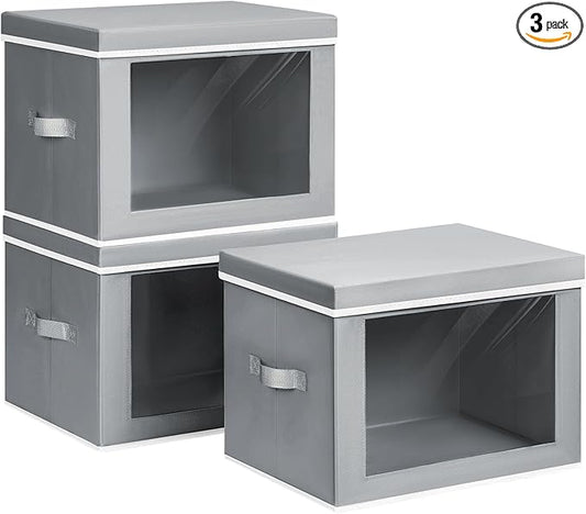 Collapsible Storage Bins with Lids - Stackable Storage Containers with Window, 15.7 Inch Fabric Organizing Bins for Closet, Home & Office Organization Baskets, Grey, 3 Pack