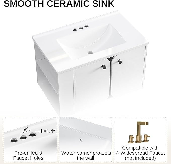 IRONCK 30 Inch Bathroom Vanity with Sink, Wall Mounted Floating Vanity with LED Light & Open Side Shelf, High Gloss Modern Bathroom Cabinet for Small Space, White