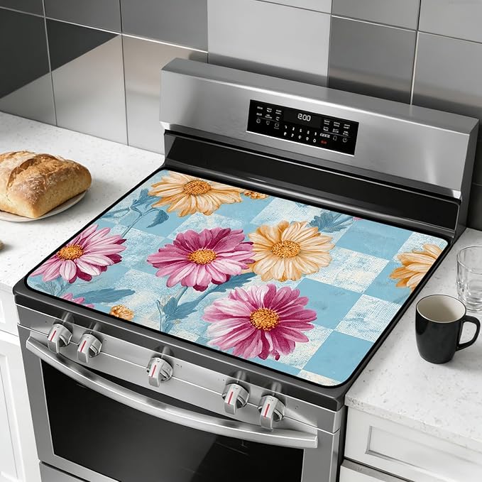 Glass Stove Top Covers for Electric Stove, Heat Resistant Counter Protector Mat, Non Slip Waterproof Surface Cover for Kitchen Counter and Cooktop (Vintage Daisy Patchwork, 28"L x 20"W)