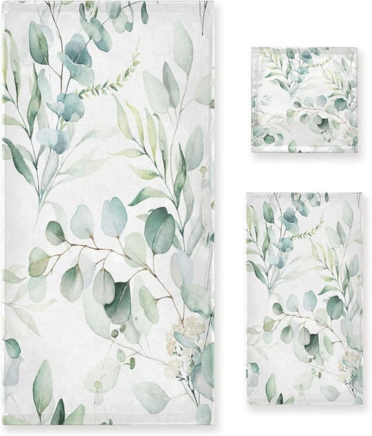 3 Piece Sage Green Eucalyptus Bath Towels Set,Microfiber Absorbent Vintage Watercolor Leaves White Floral Towels for Bathroom,1 Bath Towel,1 Hand Towel,1 Washcloth,Decorative Bathroom Towels