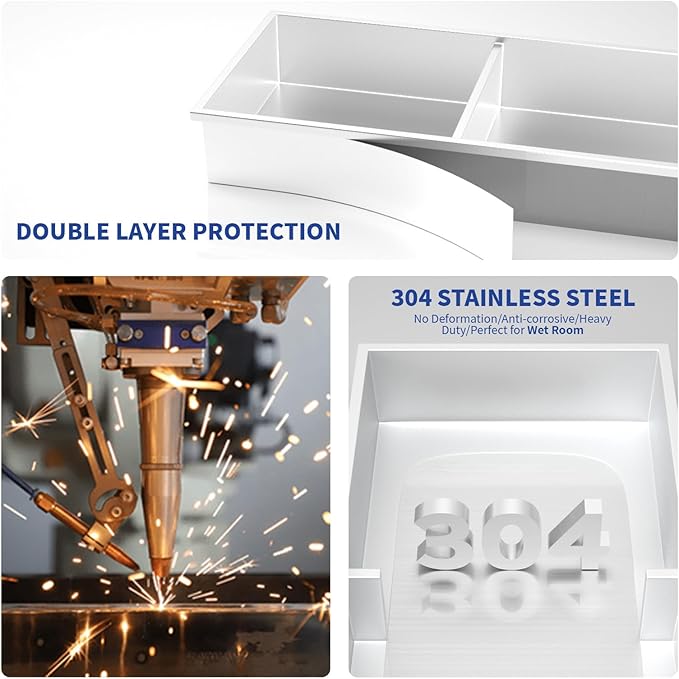 Homevacious 12"×24" Stainless Steel Shower Niche No Tile Needed White Double Shelves Bathroom Shelf Rimless Recessed Wall Niche for Bathroom Storage
