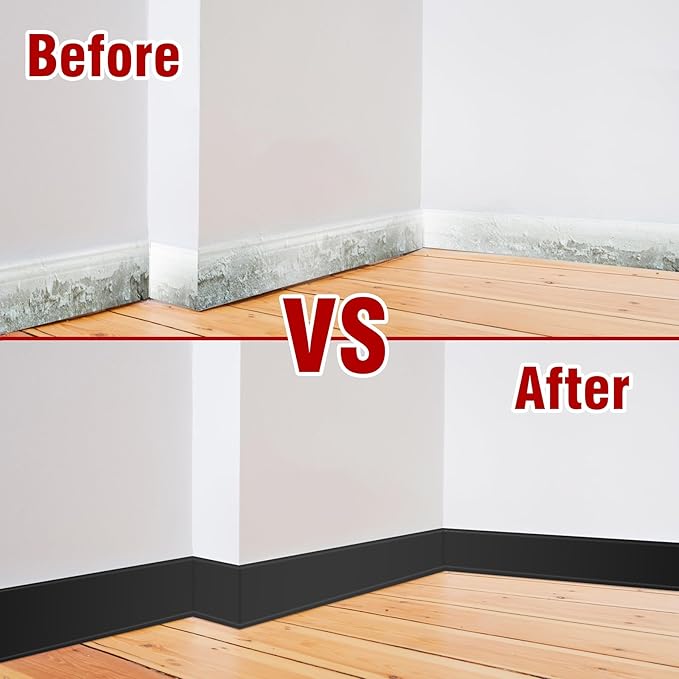 Vinyl Baseboard Molding Trim 4 Inch x 40 Feet Peel and Stick Baseboard Trim Flexible PVC Cove Base Moulding Self-Adhesive Trim for Garage Bathroom Cabinet Floor Walls, Black