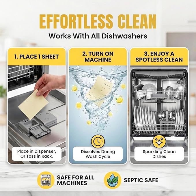 Lucent Globe Dishwasher Dishwashing Detergent Sheets, Dish Soap & Dishwashing Tablets Alternative. Plant-Based, Eco-Friendly, Lemon Scent & Plastic Free Packaging (64 Sheets)