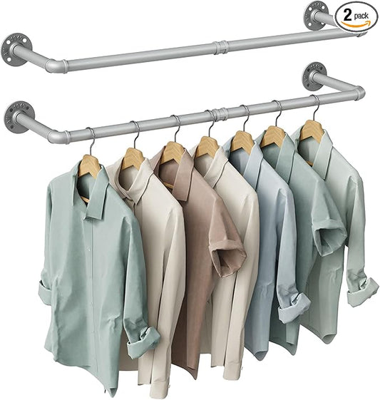 OROPY Industrial Pipe Clothes Rack Wall Mounted Set of 2, 38.4 inches Heavy Duty Iron Pipe Clothing Garment Rail, Multi-Purpose Clothing Hanging Rod for Laundry Room and Closet Storage, Silver Gray