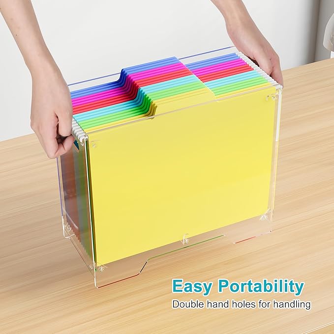 Clear Hanging File Folder Box - for Letter Size - Sturdy Vertical Acrylic Magazine Rack Desk File Organizer with Handle, Transparent Storage Bin for Office Classroom, Assembly Required