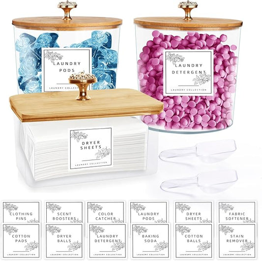 3 Pack Laundry Room Organization Storage Containers Acrylic Jars and Dryer Sheet Holder with Lids and Labels for Laundry Detergent Laundry Pods Containers Dry Sheet Organizing