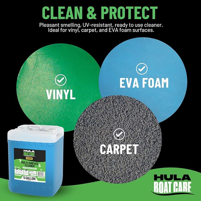 Hula Multi-Surface Cleaner — Vinyl, EVA Foam and Carpet, 5 Gallon — Bulk Marine Interior Cleaner for Detailers and Fleets, Biodegradable, Made in USA