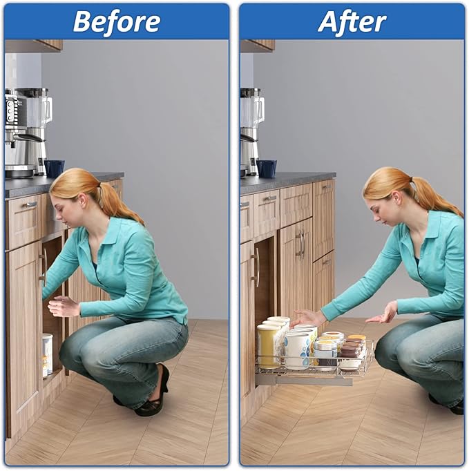 ROOMTEC Pull Out Cabinet Organizer - 14" W x 18" D, Slide Out Storage Shelves, Fits 15.5" Opening