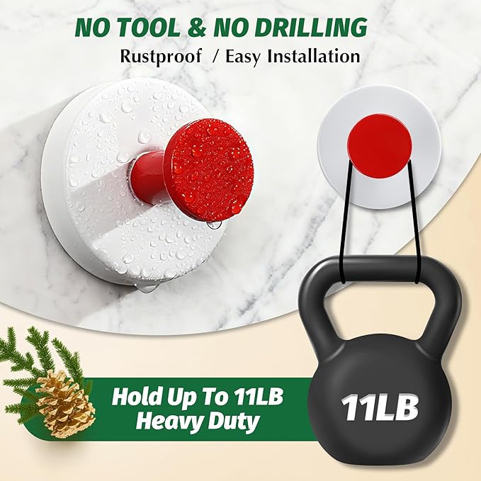 Reusable Heavy Duty Suction Cup Hooks for Kitchen/Bathroom/Shower - Wet-Proof Hooks for Towels, Robes, Loofah&Wreaths/No Drill Mounting on Glass, Tile, Metal (2, Red White)