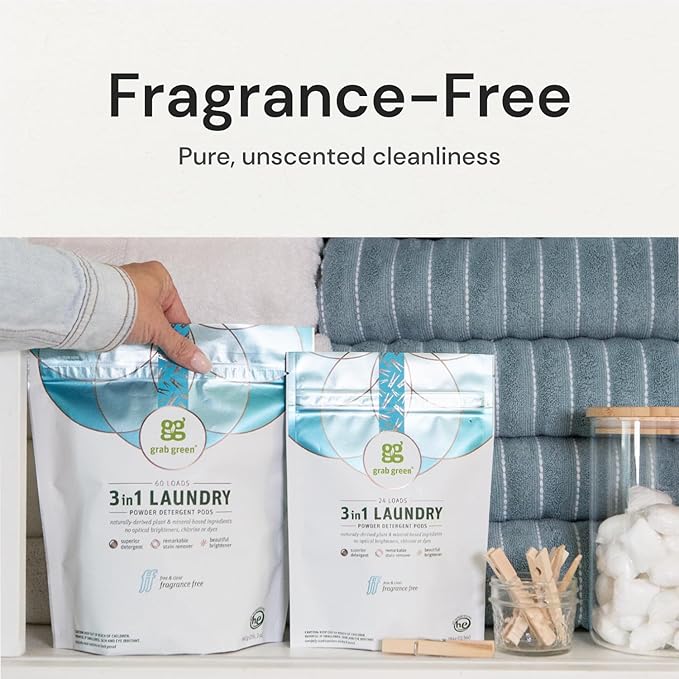 Grab Green Natural 3 in 1 Laundry Detergent Pods, Free & Clear/Unscented, 60 Loads, Fragrance Free, Organic Enzyme-Powered, Plant & Mineral-Based, 34 Ounce