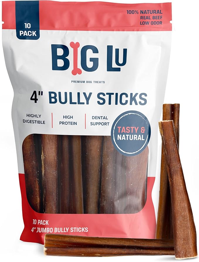 Big Lu - 4” Thick Bully Sticks, 10 Count, Long-Lasting, 100% Grass-Fed Beef Chews, for Small and Medium Dogs, Natural Single-Ingredient, Fully Digestible Treats