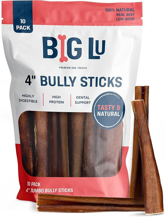 Big Lu - 4” Thick Bully Sticks, 10 Count, Long-Lasting, 100% Grass-Fed Beef Chews, for Small and Medium Dogs, Natural Single-Ingredient, Fully Digestible Treats