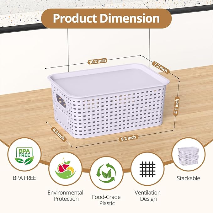 Plastic Storage Basket with Lid, Stackable Small Box Bins for Organizing and Containers for Shelves Drawers Desktop Closet Playroom Pantry Classroom Office Home, 8 Pack 10.2"x7.2"x4.1" Lavender