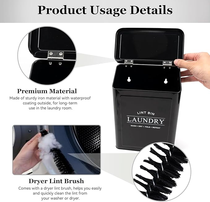 Fantasyon Magnetic Lint Bin with Lint Brush for Laundry Room Decor Farmhouse Rustic Metal Wall Mounted Lint Box Holder Keeper Organization Lint Trash Can with lid for Dryer (black)