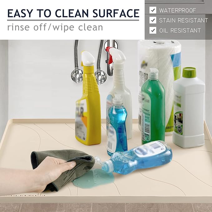 Heavy Duty Silicone Under Sink Mats for Kitchen Waterproof 37" x 22", Extra Thick Under Sink Rubber Mat Drip Tray, Raised Edge Under Sink Liner,Prevent Drips, Leaks, Spills,Beige