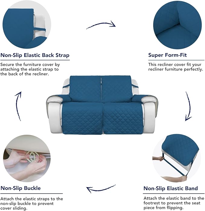 PureFit Water Resistant Reversible Sofa Covers for Reclining Sofa 2 Seat - Non Slip Split Recliner Couch Cover for Double Recliner, Washable Furniture Protector for Dogs (2 Seat, Peacock Blue/Beige)
