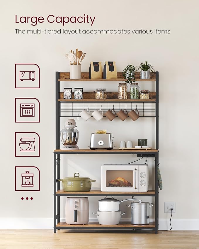VASAGLE Bakers Rack with Power Outlet, Microwave Stand, Kitchen Tall Utility Storage Shelf, with Metal Wire Panel, 14 Hooks, 15.7 x 39.4 x 66.9 Inches, Rustic Brown and Ink Black UKKS038B01