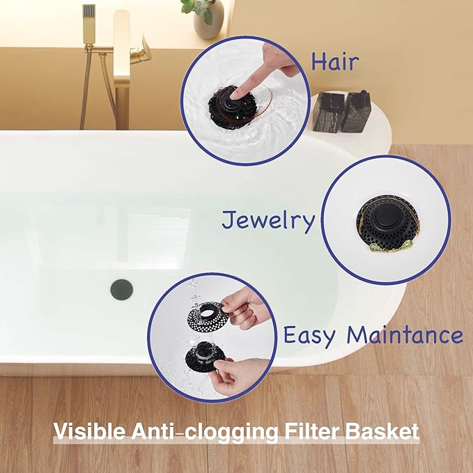 Universal Bathtub Drain Stopper with Removable Hair Catcher, 3-in-1 Pop-up Drain Plug Fits 1.38 to 2.1 Inch Holes, Upgrade Shower Drain Cover with Stainless Steel Filter