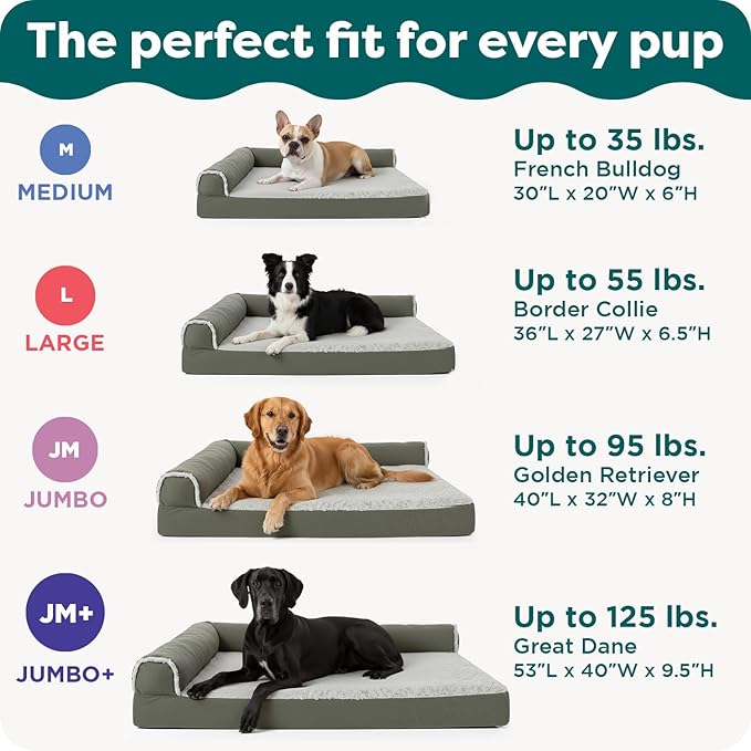 FurHaven Cooling Gel Dog Bed for Large Dogs, L-Shaped Chaise with Cool Gel-Top Foam & Solid Orthopedic Foam Base for Joint Support, Washable Cover, Jumbo/XL, Plush Faux Fur & Suede, Dark Sage