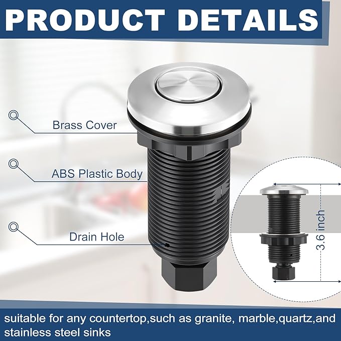 Garbage Disposal Air Switch Kit Wireless Sink Top Garbage Disposal Button Stainless Steel/On/Off Waterproof Button Kit with Long Switch Matte UL Listed(Dual Outlet,Silver,Long Size)