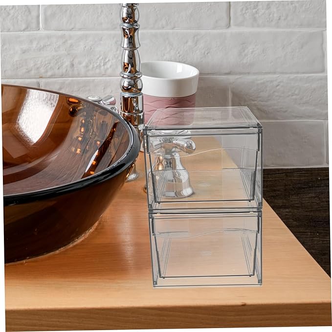 Vaguelly 2pcs Stackable Makeup Organizer with Acrylic Desktop Storage Box for Cosmetics Vanity and Bathroom Essentials for Organization