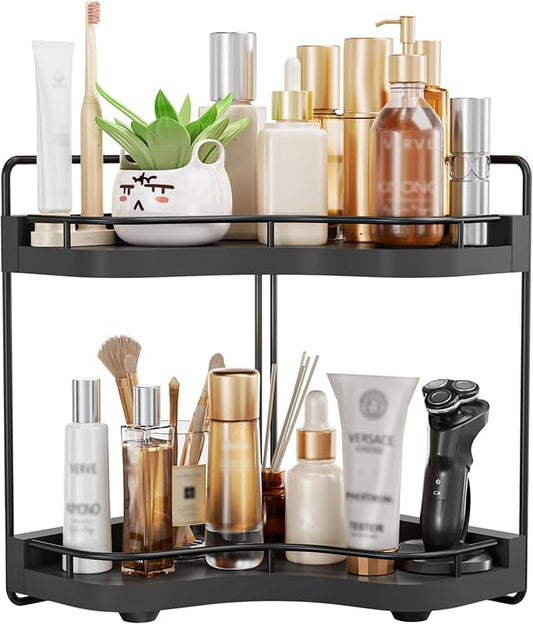 2-Tier Corner Bathroom Counter Organizer with Embedded Screw Holes, Secure & Stable Wood Vanity Shelf for Makeup and Skincare Essentials - Space Saving Bathroom Countertop Storage, Black