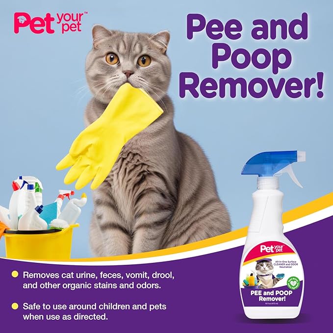 Cat Pee and Poop Remover 16 fl Oz – All-in-One Pet Stain and Odor Remover with Plant-Derived Ingredients – Stain and Odor Removers for Upholstery, Carpets & Hard Floors