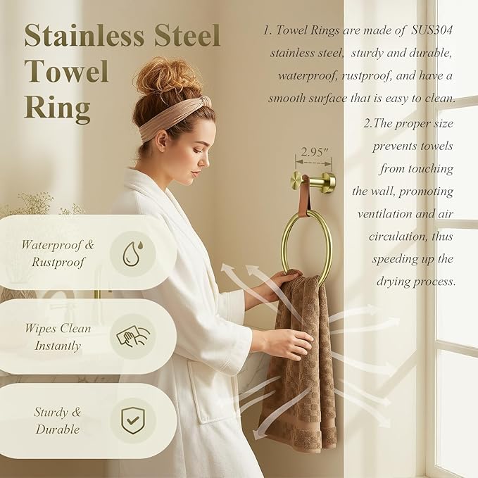 Luxury Handbag-Inspired Towel Ring - Genuine Leather & Gold Accent Hand Towel Holder, Stainless Steel 304, Waterproof & Rustproof - Elegant Hand Towel Holder for Bathroom, Kitchen, Bedroom Organizer