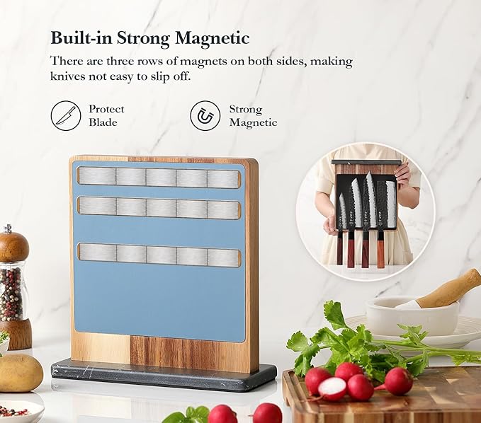 HEZHEN Double-sided Magnetic Knife Holder without Knives, Acacia Wood Knife Block with Leather Cover, Space-saving Knife Storage, Strong Enhanced Magnets Strip, Non-slip Marble Base