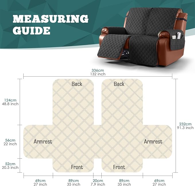 Ruaozz Waterproof Recliner Sofa Covers, 1-Piece Couch Covers for Reclining Couches Reclining Couch Cover Washable Furniture Protector with Elastic Straps Pocket for Kids Pets (Black, XL 2 Seater)