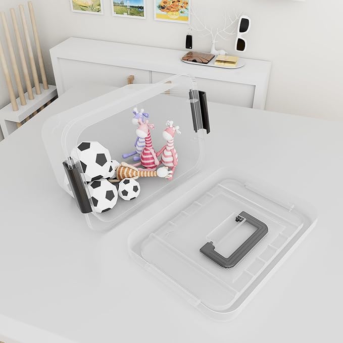 Lidded Storage Bin, Tote Organizing Container with Handle and Buckles, Stackable, Plastic, Clear, 6.8Qt, Pack of 12
