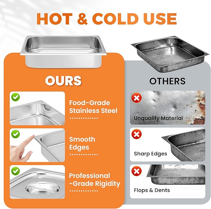 4 Pack Hotel Pans with Lids 1/2 Size 2.5" Deep, Stainless Steel Steam Table Pan with Lid, Commercial Metal Buffet Food Storage Container, Anti-Jam Design, for Restaurant, Kitchen, Party, Home