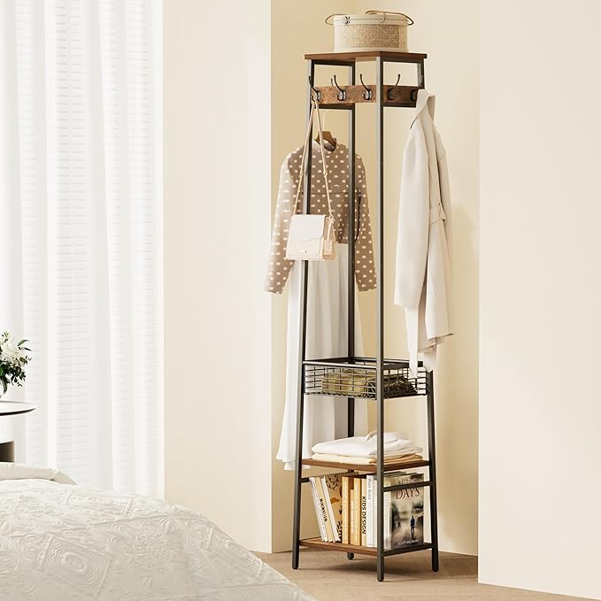 Coat Rack Freestanding, Coat Stand with Metal Basket and Storage Shelves, Hall Tree Free Standing with and 7 Hooks, Clothes Rack Stand Organizer, Rustic Brown and Black