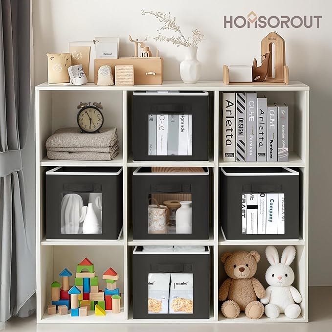 Foldable Storage Cubes - Square Organizer with Window, Decorative Baskets for Organizing, Fabric shelf Basket for Clothes, 11 Inch Closet Storage Cubes, Set of 16, Black