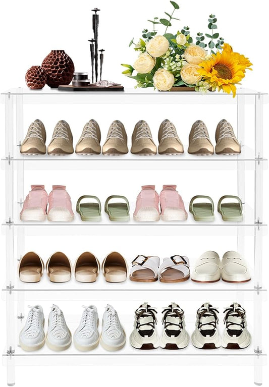 5-Tier Acrylic Shoe Rack in Clear Pink, 22 lbs per Shelf, 5mm Thick Modern Shoe Organizer for Entryway, Living Room, Closet Storage (Clear)