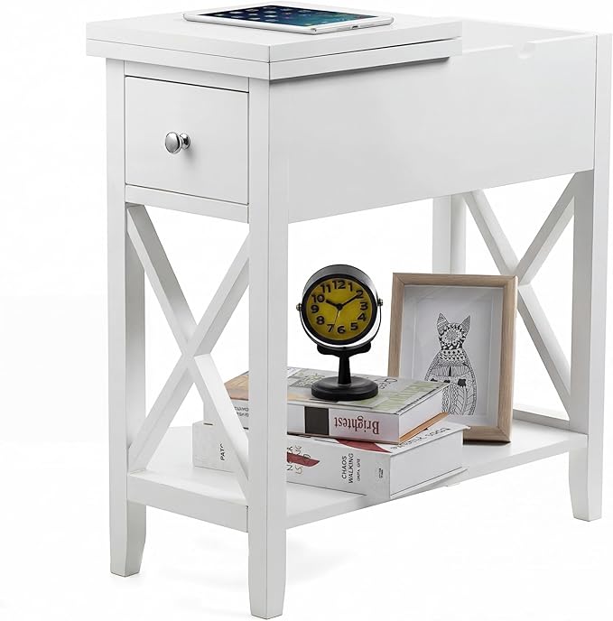 ChooChoo End Table, Flip Top Narrow End Table with Drawer, Accent Small Side Table Nightstand for Living Room, Bedroom, and Small Spaces, White