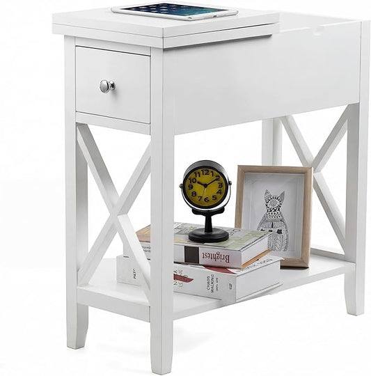 ChooChoo End Table, Flip Top Narrow End Table with Drawer, Accent Small Side Table Nightstand for Living Room, Bedroom, and Small Spaces, White