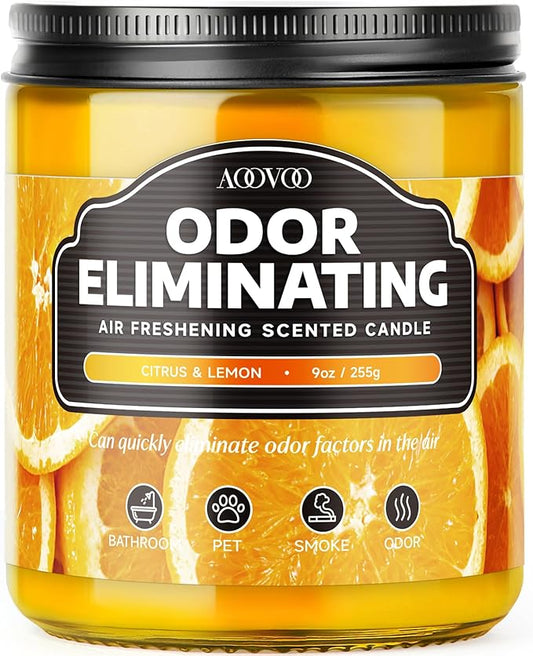 AOOVOO Citrus Lemon Odor Eliminating Highly Fragranced Candle - Eliminates 95% of Pet, Smoke, Food, and Other Smells Quickly, Air Freshing Soy Candle, 9 oz