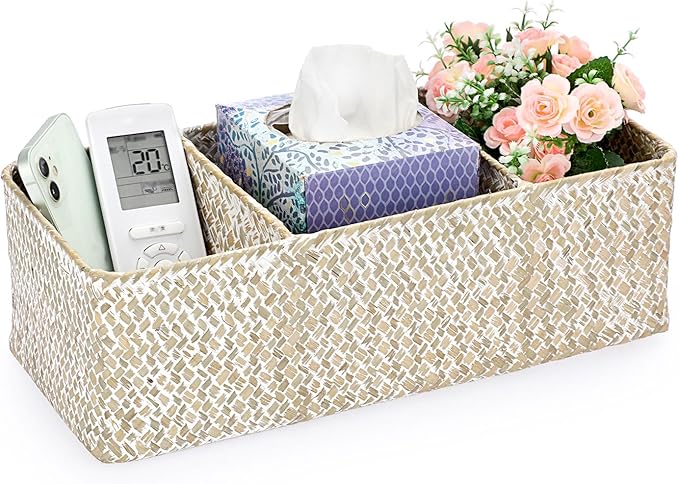 Hipiwe Seagrass Storage Basket Bin- 3 Sections Hand-Woven Toilet Basket Wicker Shelf Bathroom Organizer Bins for Shelves, Kitchen, Closets, Toilet Paper Tissue Organizer