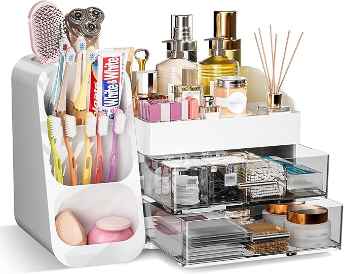 Makeup Organizer with Drawers for Vanity Bathroom Counter Organizers and Storage, Large Skincare Organizer with Brush Toothbrush Holder for Perfume, Nail Polish, Dresser, Office Supplies, White