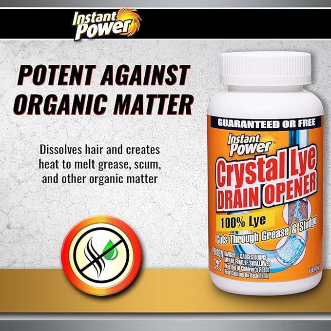 Instant Power Crystal Lye Drain Opener, Lye Sodium Hydroxide, Unclogs Bathroom and Kitchen Sinks, Drains, Shower Pipes 1 Lb