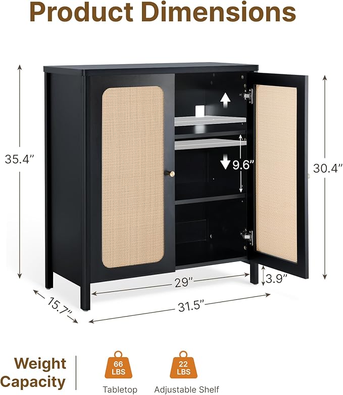 Rattan Sideboard Buffet Cabinet 2 Door Boho Kitchen Storage Cabinet Accent Console for Living Room, Hallway, Kitchen, Sideboard, Buffet Table Black
