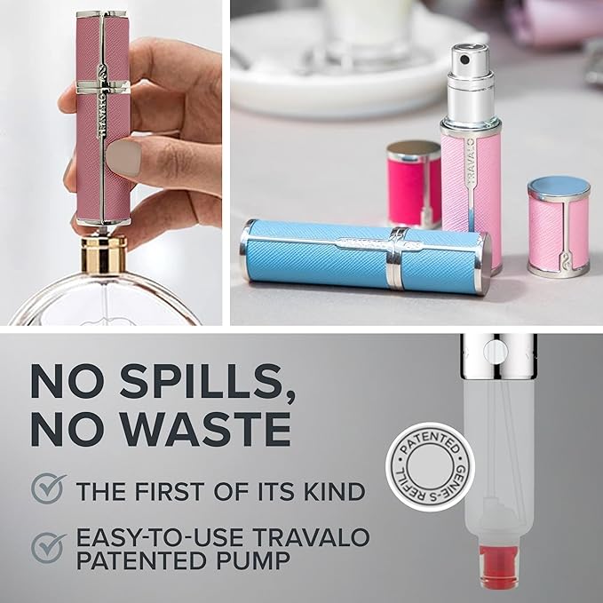 Travalo Milano Perfume Atomizer - Leak-Proof and TSA Approved for Air Travel - Reusable, Airtight, Easy Fill Mini Pump Sprayer - Lightweight Vegan Leather w/Polished Metal Outer Shell - Perfect Pink
